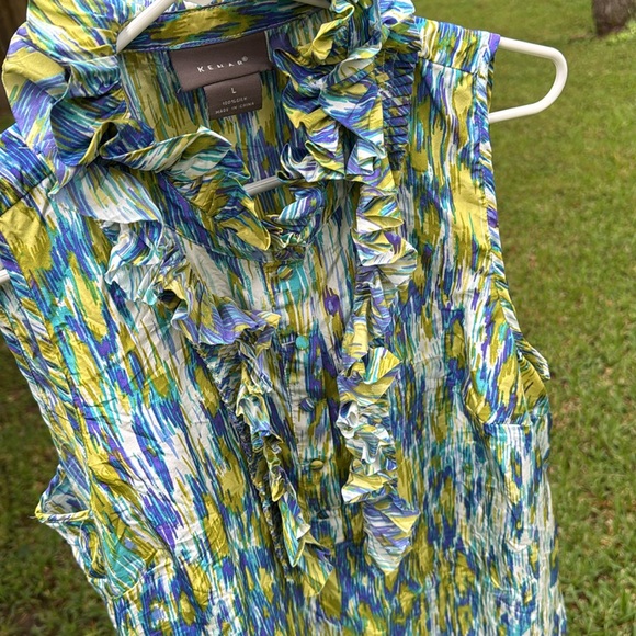 Kenar Pretty Blue and Yellow Ruffled Sleeveless Blouse 100% Silk Cruise - Picture 1 of 8